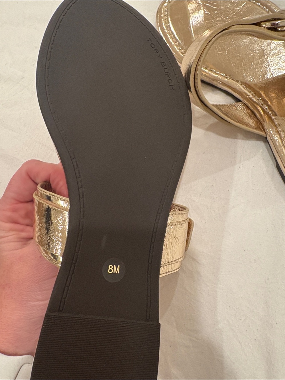 Tory Burch Metallic Gold Thong Sandals with Logo Buckle - Picture 5 of 5